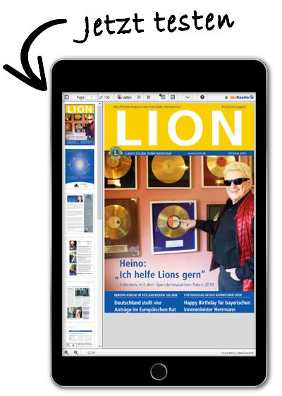 Ein Bild, ein Tablet mit dem Titelcover einer LION-Ausgabe (Link öffnet in neuem Tab)